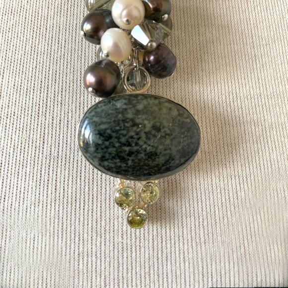 Pearl Dangle Pendant with Swarovski Crystals, Jasper Gemstone - Sterling Silver - Picture 2 of 5